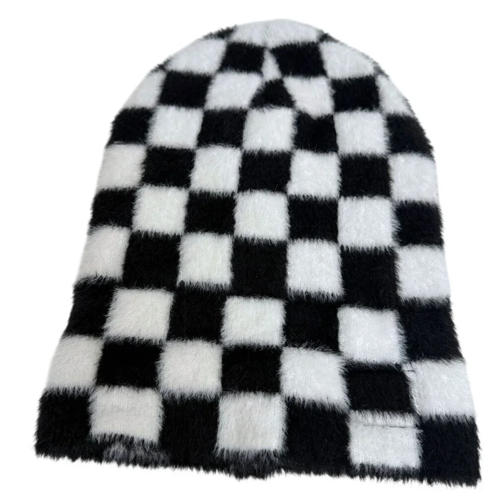 HERSCHEL Polson Faux Mohair Beanie Black White Hat Checkerboard Harlequin